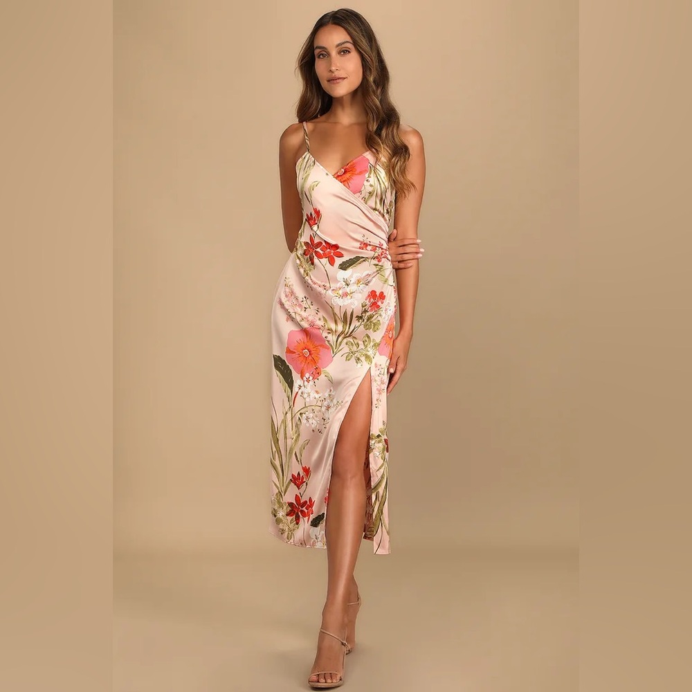 Lulu's Remarkable Entrance Pink Floral Print Satin Midi Dress